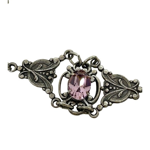 Sadie Green Vtg Bracelet Silver Tone Faux Amethyst Floral Filigree Panels Beads - Picture 6 of 16